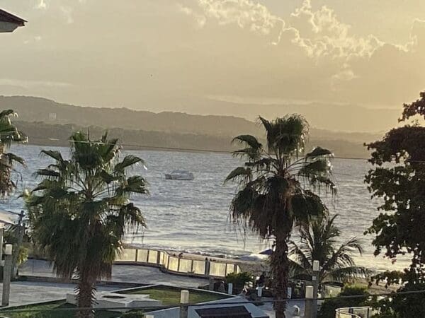 View of a beachfront with palm trees, Ocean Front Lavish Jr Penthouse Exquisite Views ocean waves, and a distant boat, with hills under a cloudy sky in the background.