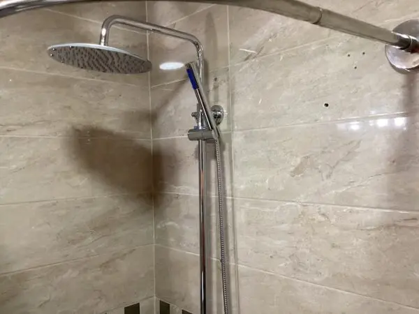 A modern shower stall with a rainfall shower head and an adjustable hand-held sprayer, featuring Ocean Front Lavish *Jr Penthouse* Exquisite Views walls.