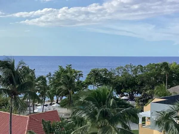 View from a *Ocean Front Lavish Jr Penthouse* overlooking a beach with palm trees, a glimpse of a resort, and the ocean extending to the horizon under a clear blue sky.