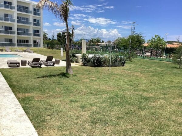 A lawn with two chairs and a tree