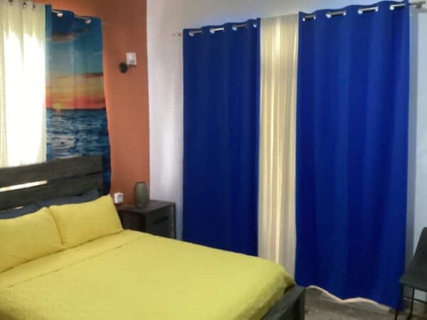 A bedroom with a bed and two blue curtains.