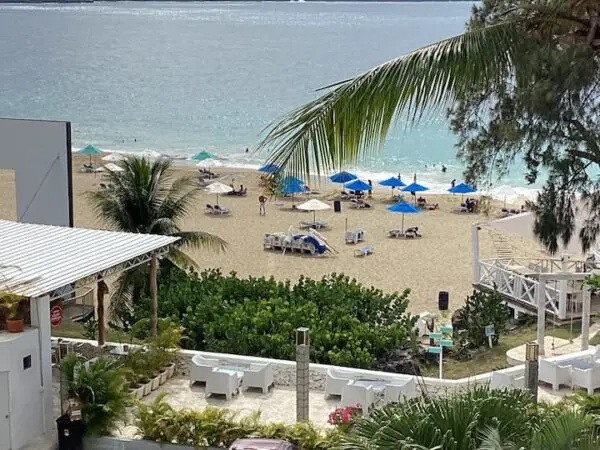 Aerial view of Ocean Front Lavish *Jr Penthouse* Exquisite Views with sun loungers and blue umbrellas, framed by palm leaves and buildings on a sunny day.