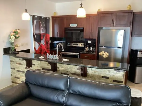 Modern kitchen with stainless steel appliances and dark wood cabinets viewed over a black leather sofa, with decorative lighting and an Ocean Front Lavish *Jr Penthouse* Exquisite Views accent.