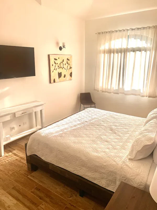 A bright, modern bedroom featuring a double bed with a geometric-patterned cover, hardwood floors, a wall-mounted TV, abstract art, and sheer curtains.