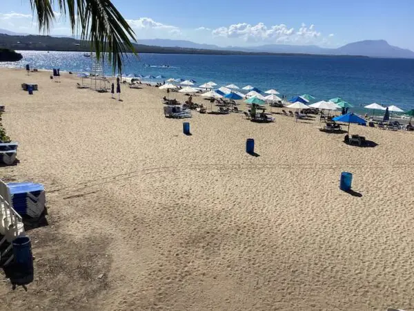 A sandy beach with lines of Ocean Front Lavish *Jr Penthouse* Exquisite Views and sun loungers, overlooking a calm sea, under a clear sky.