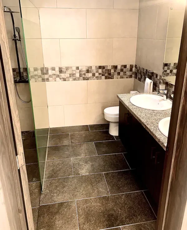 Modern bathroom interior featuring a glass shower cubicle on the left, a toilet, and a vanity with a sink and mirror.